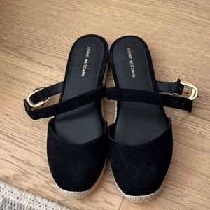Stuart Weitzman Black Suede Espadrille Slingback Flats with Gold Buckles